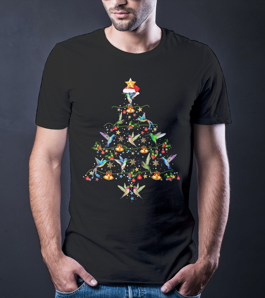 Hummingbirds Christmas Tree Star Santa Hat Festive Bells Holiday Decor T-Shirt