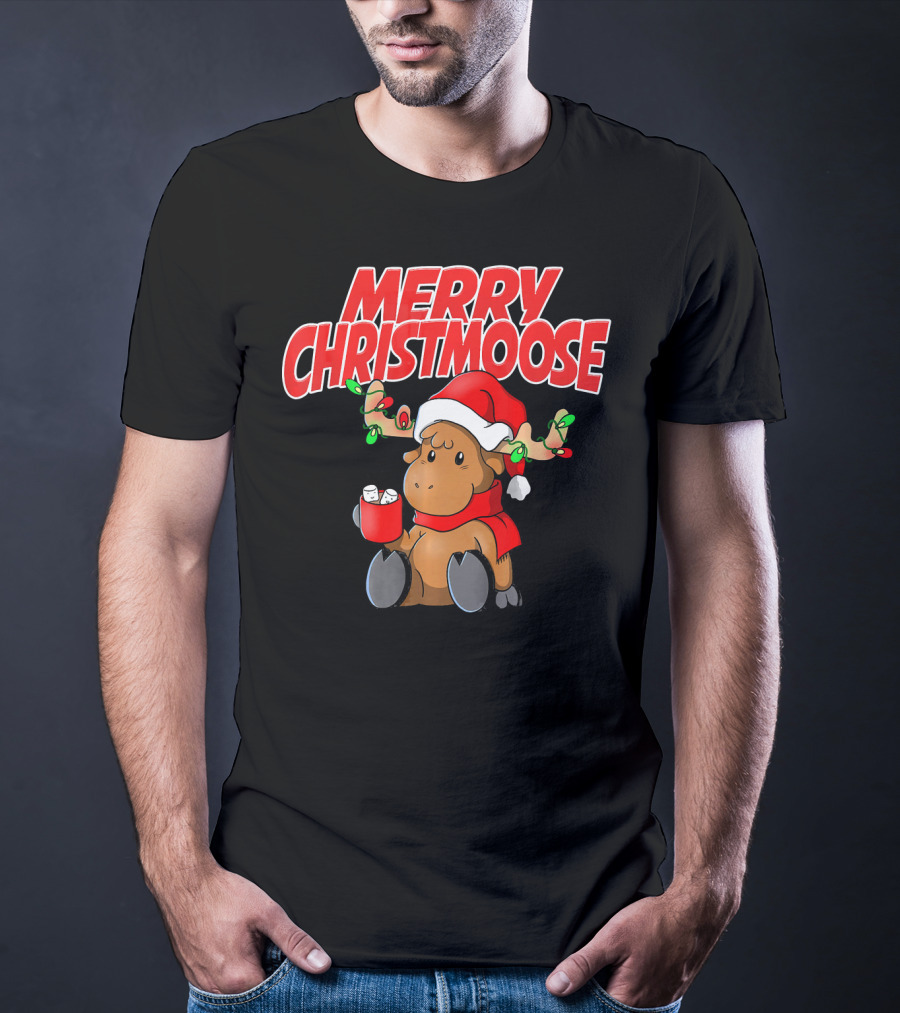 Merry Christmoose Funny Holiday Pun Moose With Santa Hat And Hot Cocoa T-Shirt