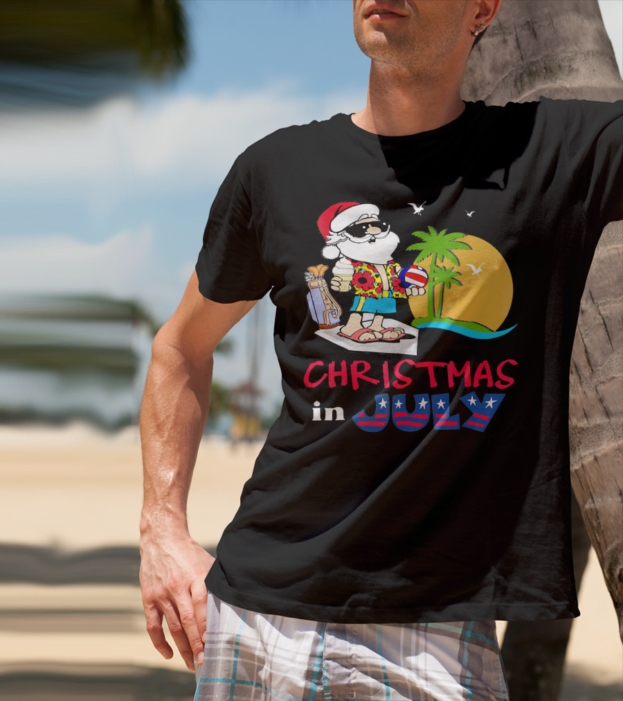 Christmas In July Funny Santa Summer Golf Sun And Palm Trees T-Shirt