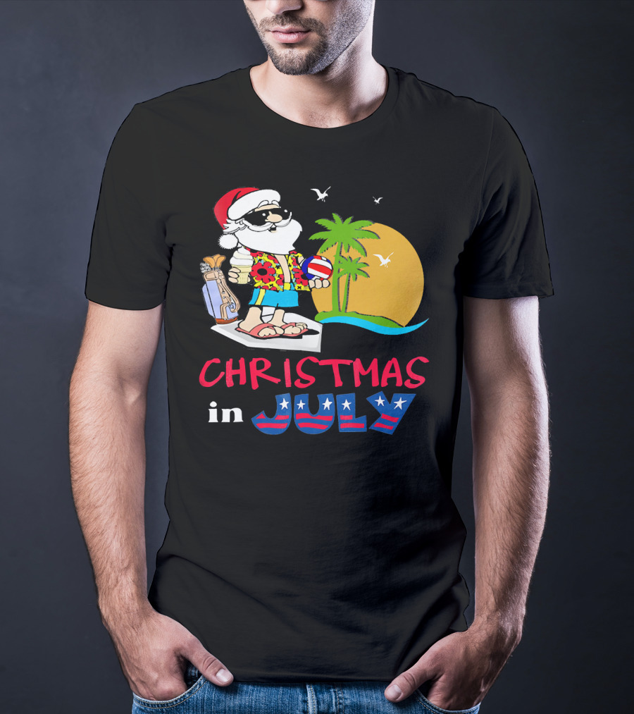 Christmas In July Funny Santa Summer Golf Sun And Palm Trees T-Shirt