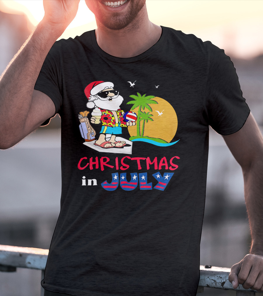 Christmas In July Funny Santa Summer Golf Sun And Palm Trees T-Shirt