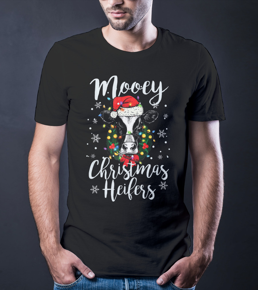 Mooey Christmas Heifers Santa Cow With Festive Lights And Snowflakes T-Shirt