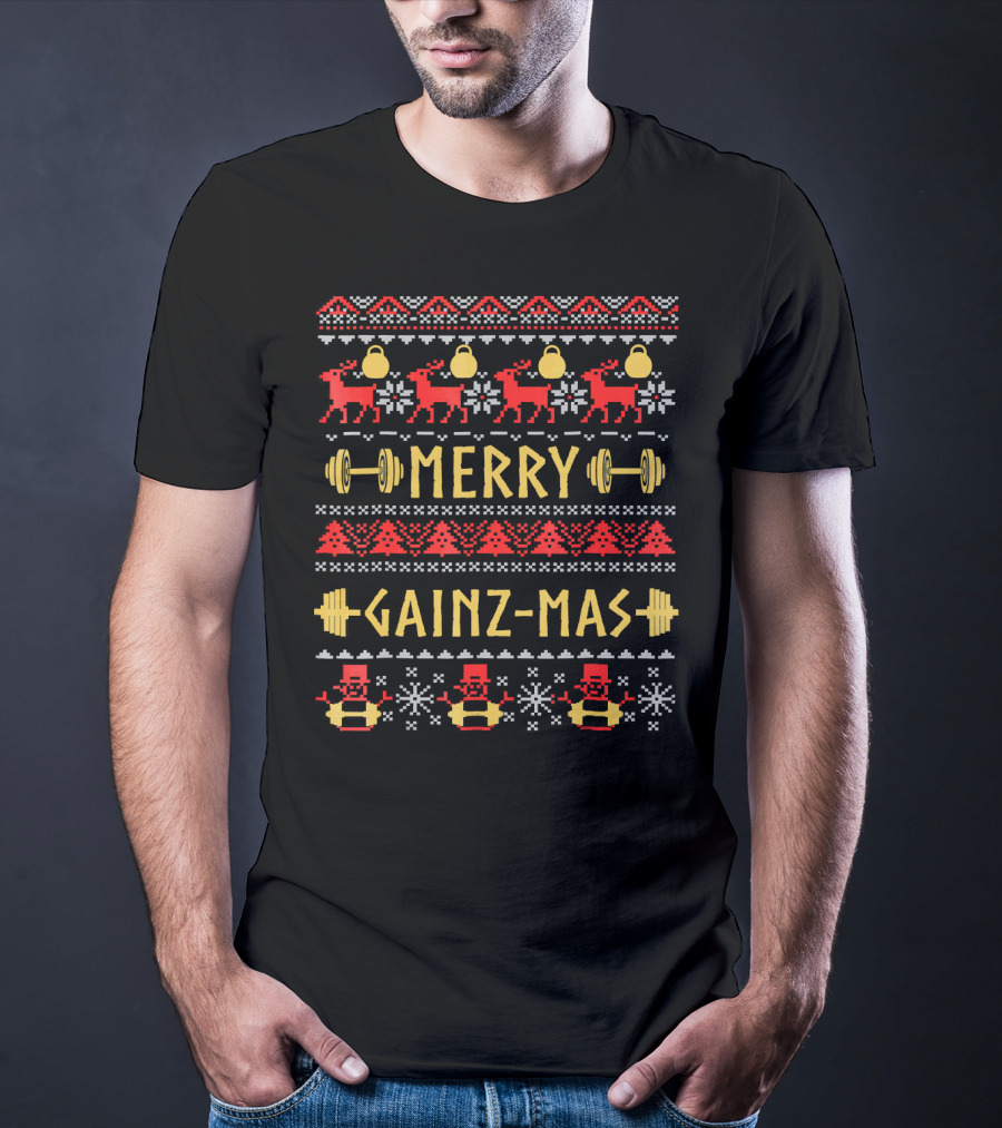 Merry Gainz Mas Fitness Christmas Kettlebells And Dumbbells Ugly T-Shirt