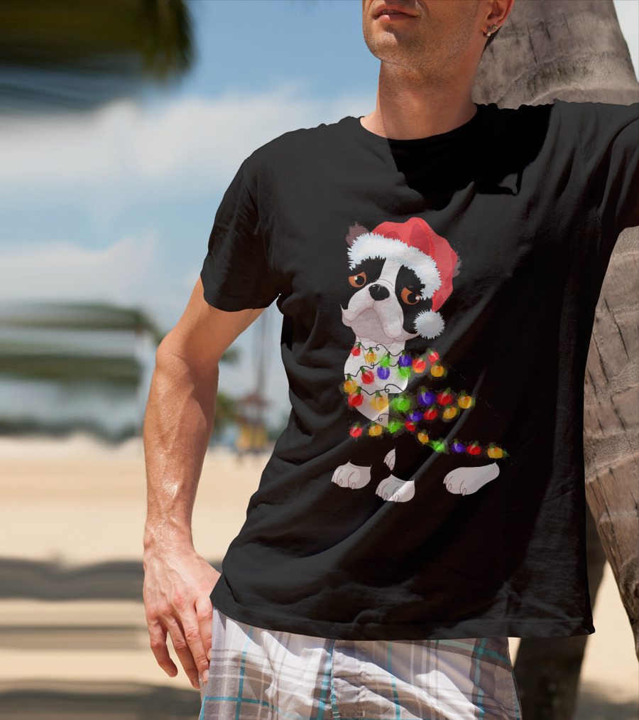 Boston Terrier Christmas Lights Santa Hat T-Shirt