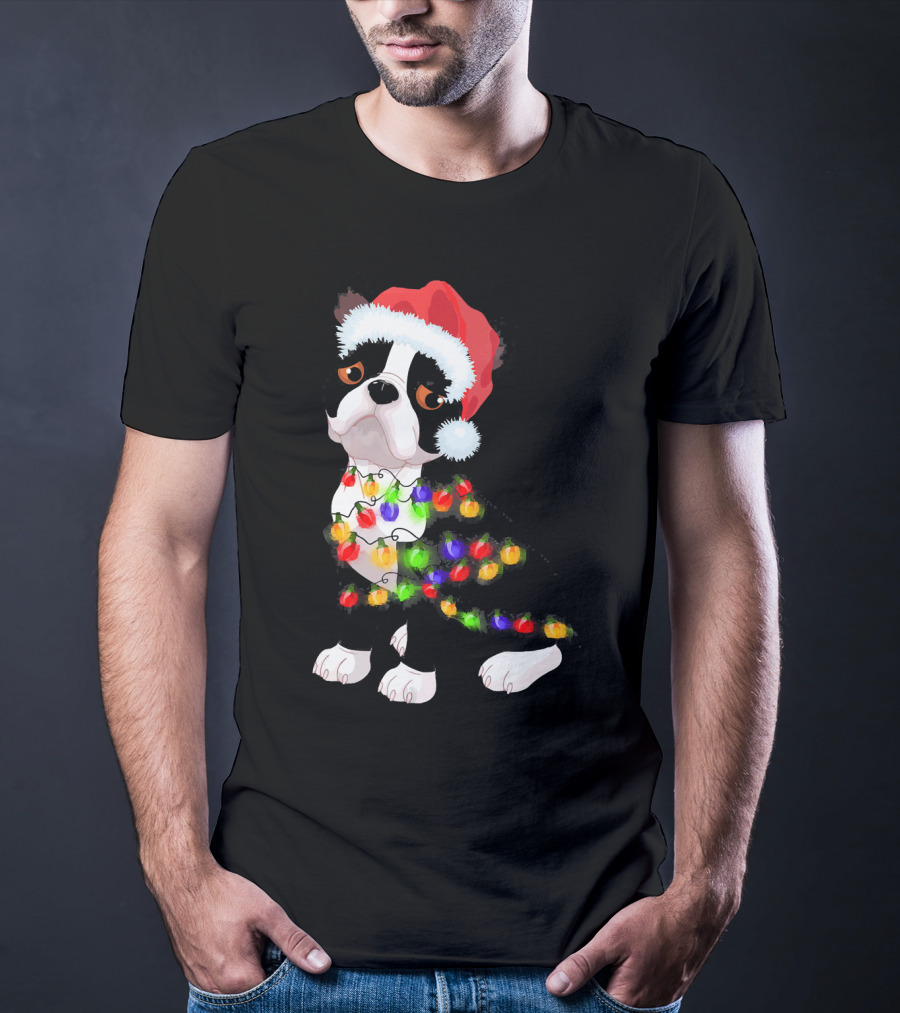 Boston Terrier Christmas Lights Santa Hat T-Shirt