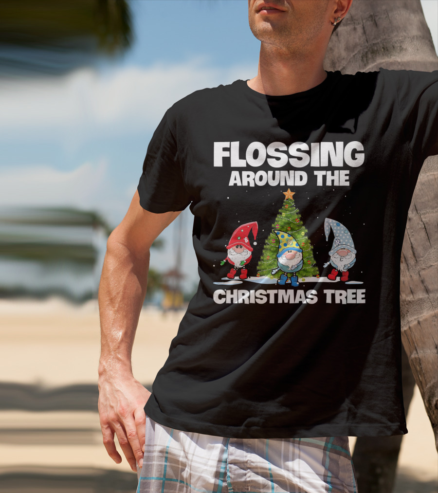 Flossing Around The Christmas Tree Gnomes And Lights Under Starry Sky T-Shirt