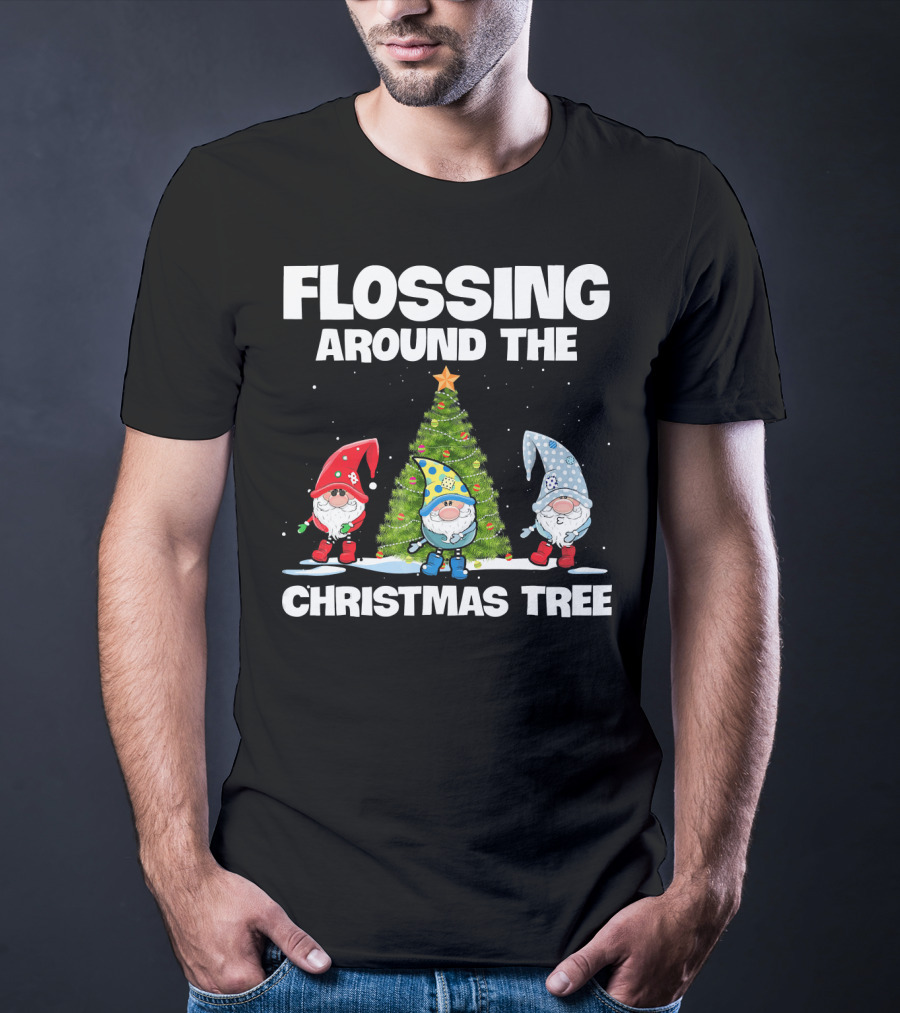 Flossing Around The Christmas Tree Gnomes And Lights Under Starry Sky T-Shirt