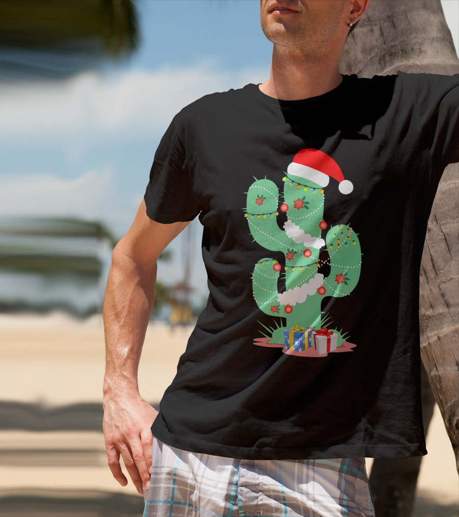 Funny Christmas Cactus With Santa Hat And Presents T-Shirt