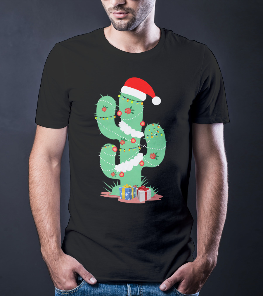 Funny Christmas Cactus With Santa Hat And Presents T-Shirt