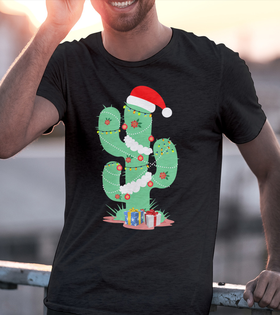Funny Christmas Cactus With Santa Hat And Presents T-Shirt