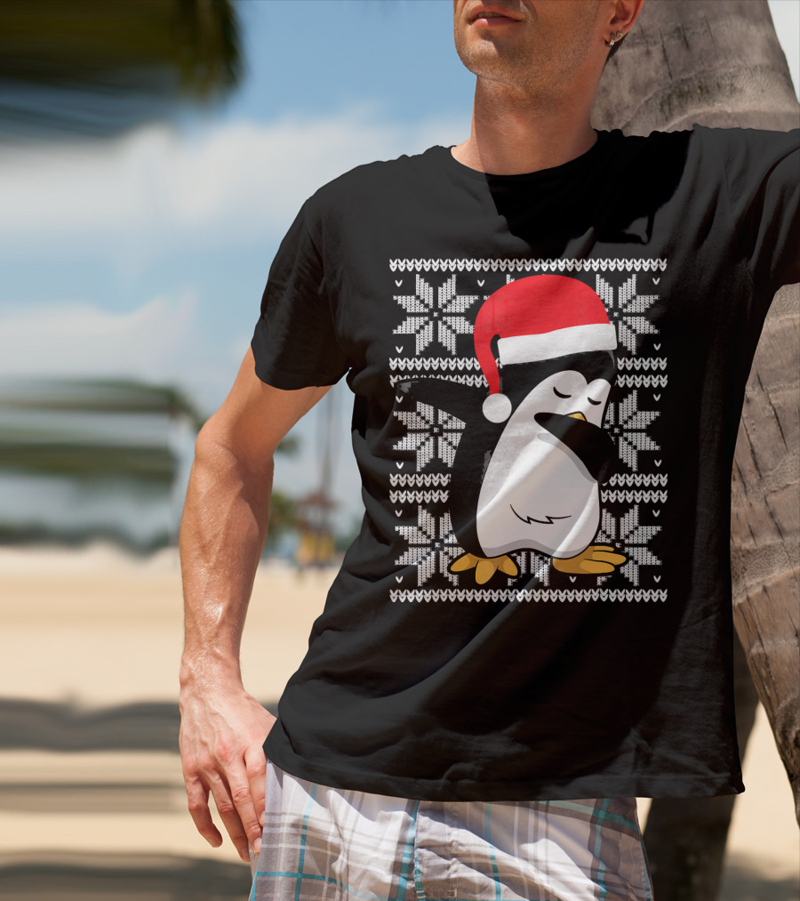 Ugly Christmas Dabbing Penguin Santa Hat Snowflake T-Shirt