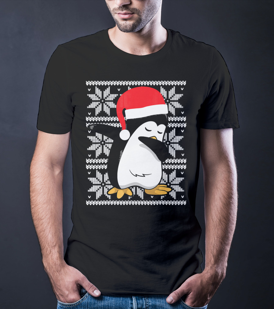 Ugly Christmas Dabbing Penguin Santa Hat Snowflake T-Shirt