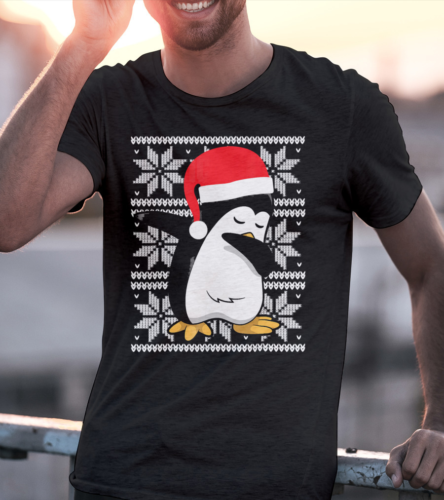 Ugly Christmas Dabbing Penguin Santa Hat Snowflake T-Shirt