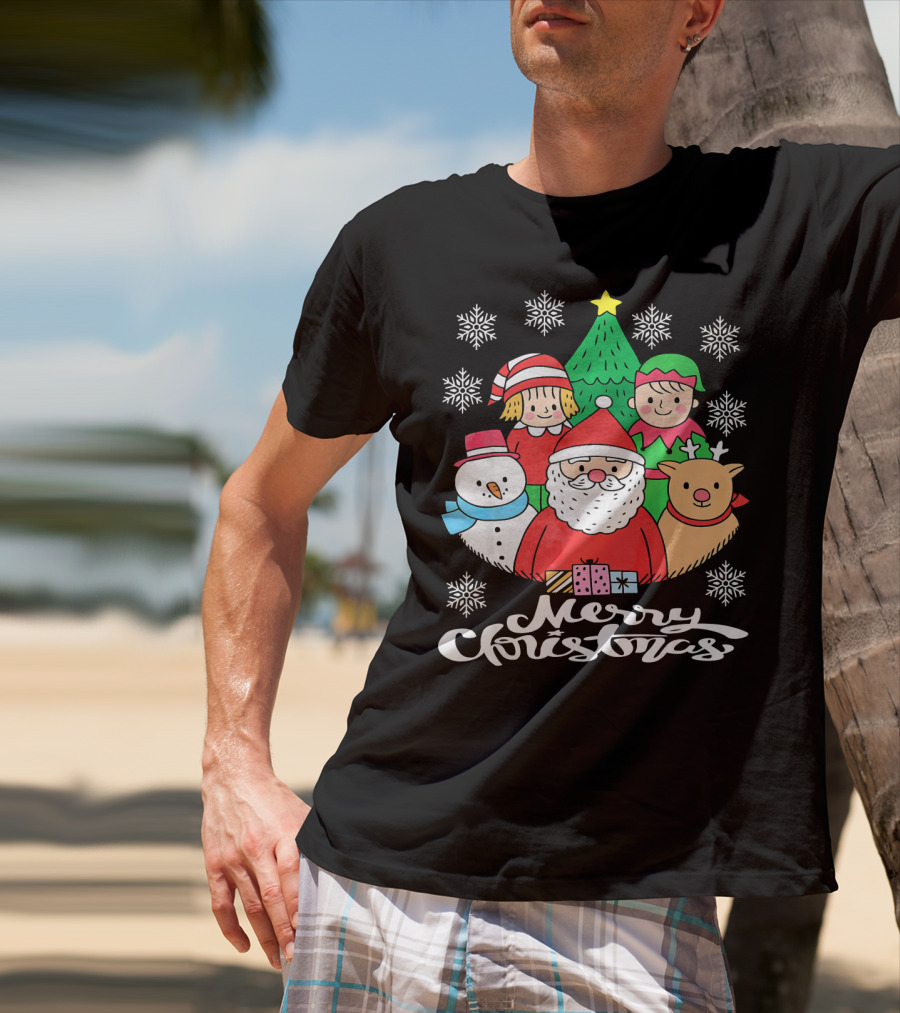 Merry Christmas Santa Claus Elf Snowman Reindeer Tree T-Shirt