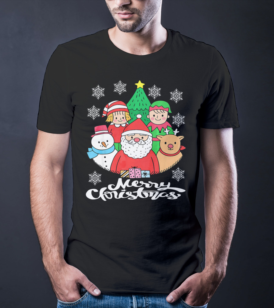 Merry Christmas Santa Claus Elf Snowman Reindeer Tree T-Shirt