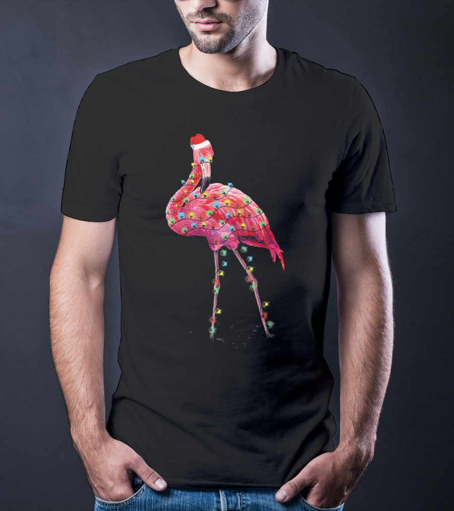 Cute Pink Flamingo Christmas Lights Santa Hat T-Shirt