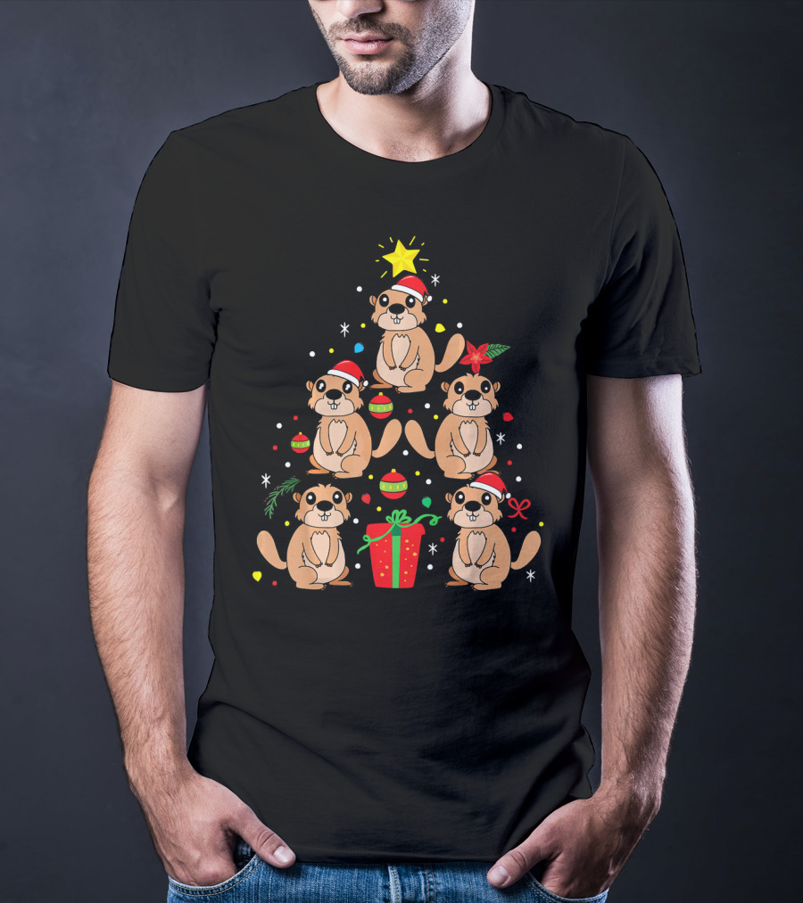 Groundhog Christmas Ornament Tree With Santa Hats And Gift T-Shirt