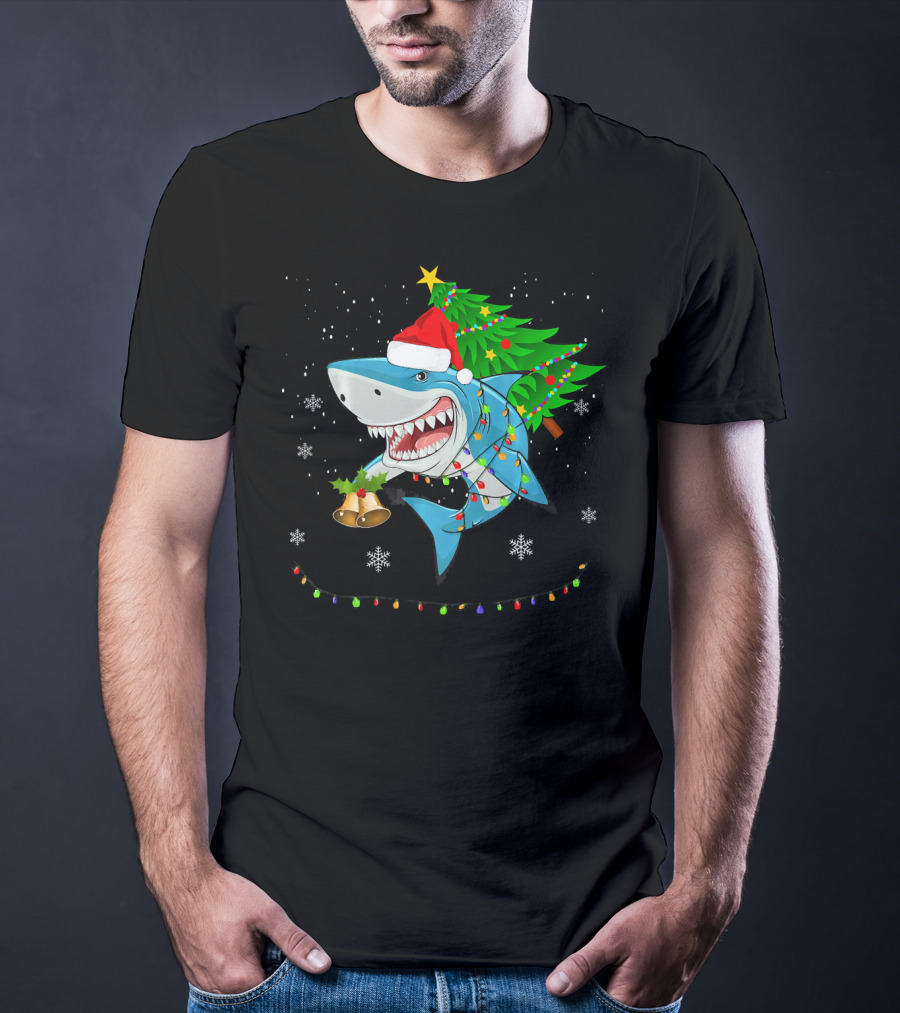 Shark Christmas Tree Santa Hat Holiday Lights Snowflakes T-Shirt