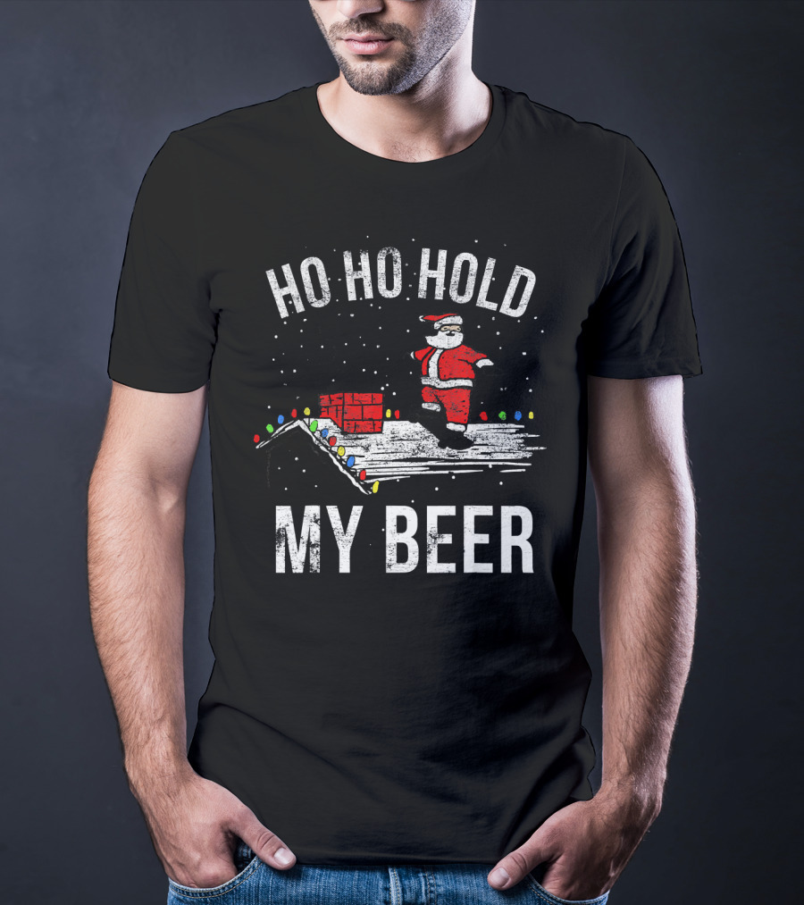 Ho Ho Hold My Beer Santa Skateboarding On Roof With Lights T-Shirt