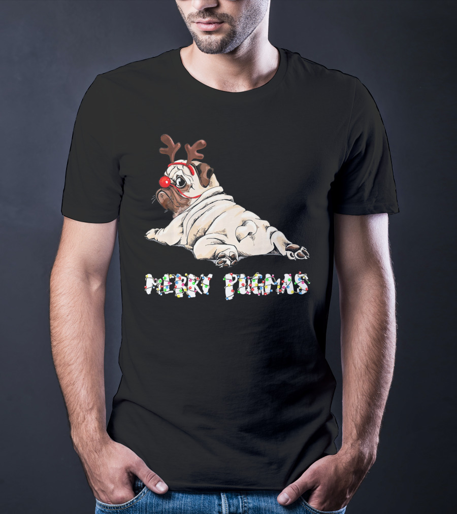 Merry Pugmas Christmas Reindeer Pug With Festive Lights For Dog Love T-Shirt