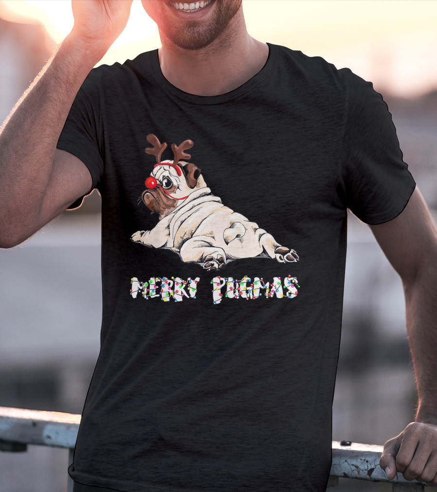 Merry Pugmas Christmas Reindeer Pug With Festive Lights For Dog Love T-Shirt