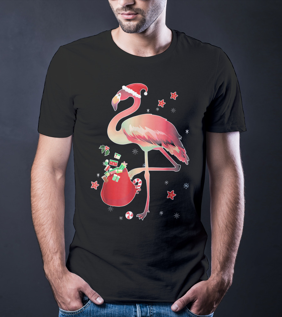 Ugly Christmas Funny Pink Flamingo With Santa Hat And Holiday Gift Bag T-Shirt