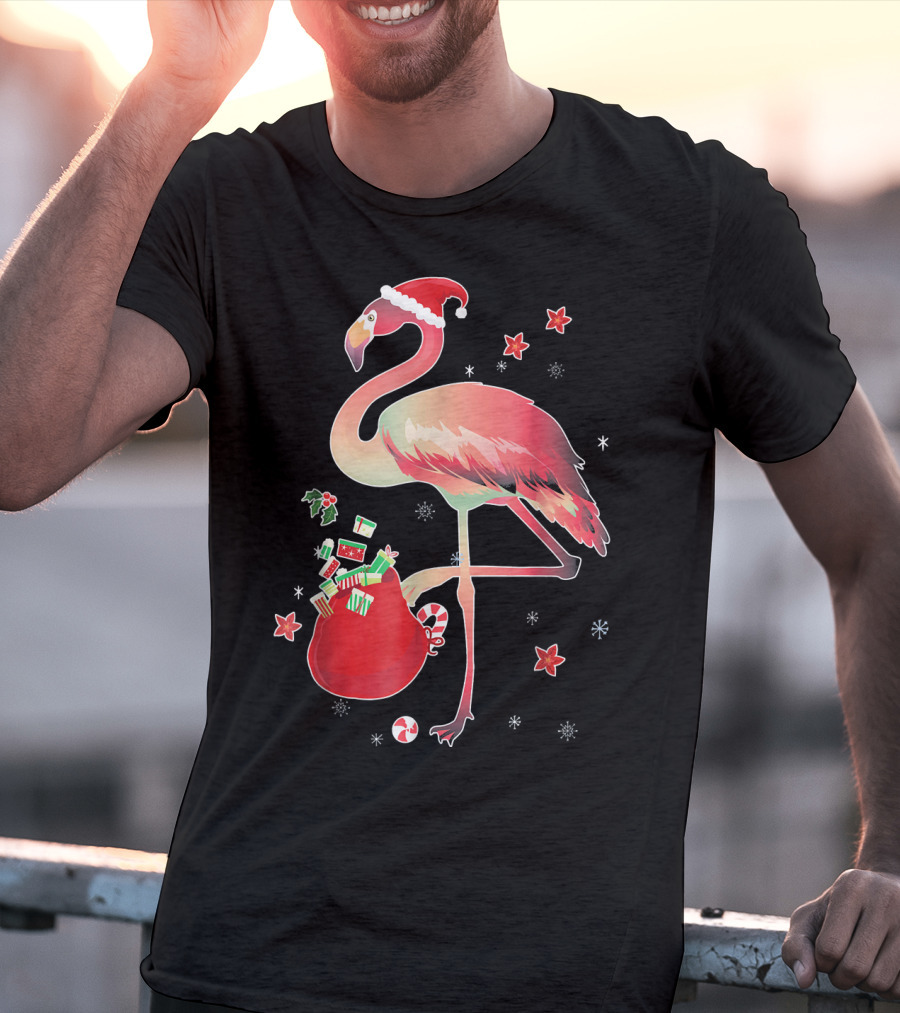 Ugly Christmas Funny Pink Flamingo With Santa Hat And Holiday Gift Bag T-Shirt