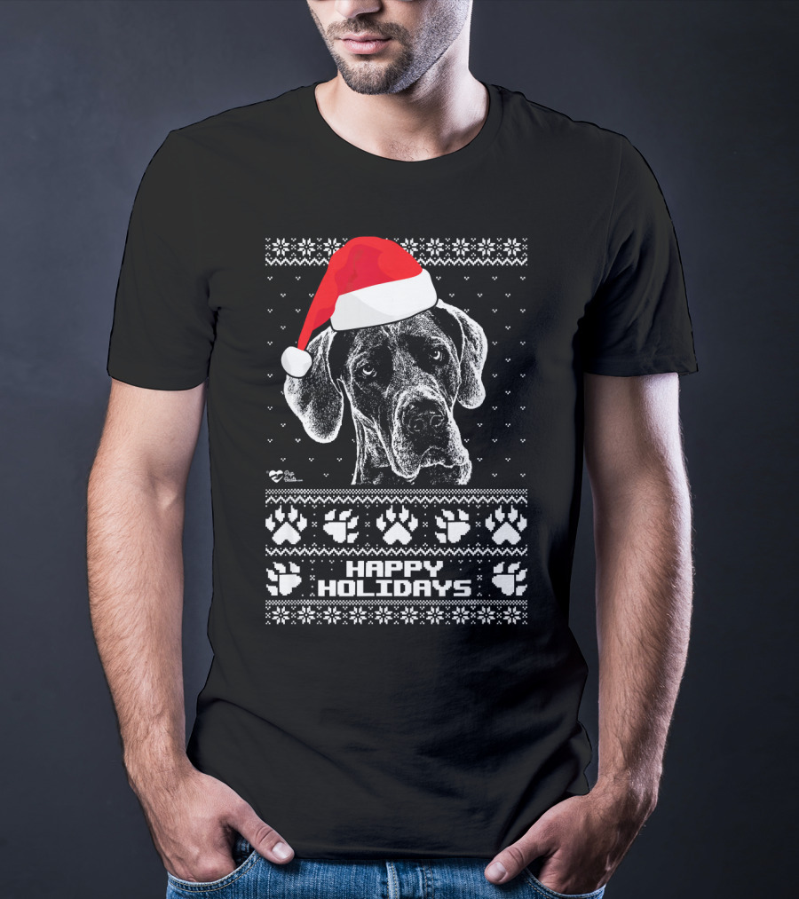 Great Dane Happy Holidays Santa Hat Paw Prints T-Shirt