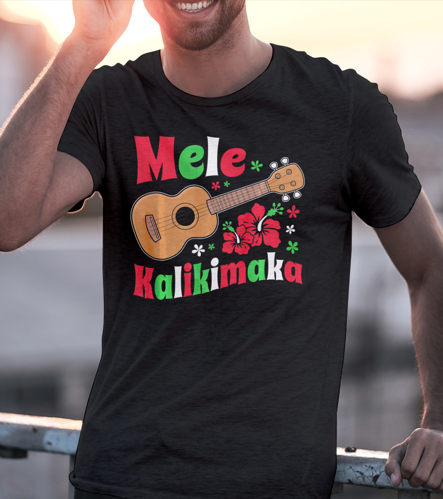 Mele Kalikimaka Ukulele Hibiscus Hawai Christmas T-Shirt