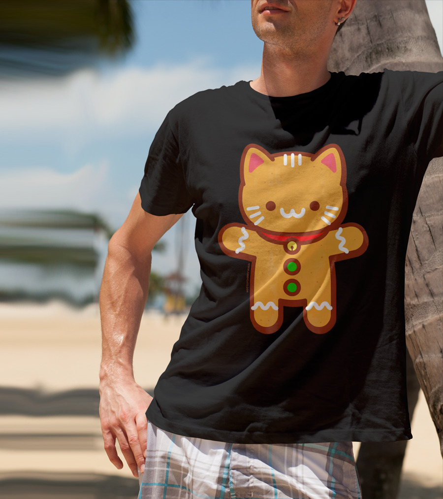 Cute Gingerbread Cat With Whiskers And Red Collar T-Shirt