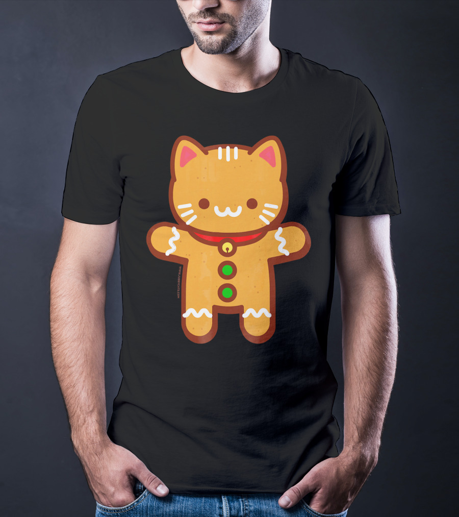 Cute Gingerbread Cat With Whiskers And Red Collar T-Shirt