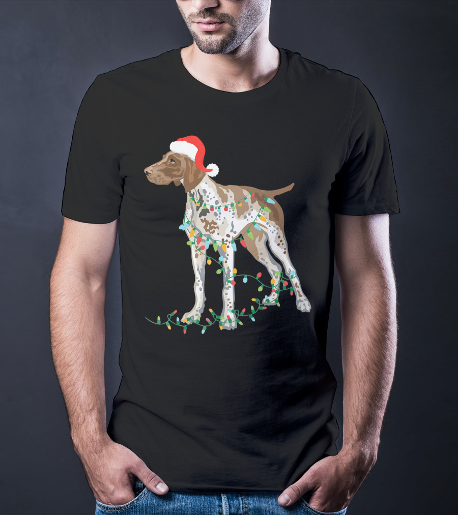 German Shorthaired Pointer Wearing Santa Hat With Christmas Lights Entwined T-Shirt