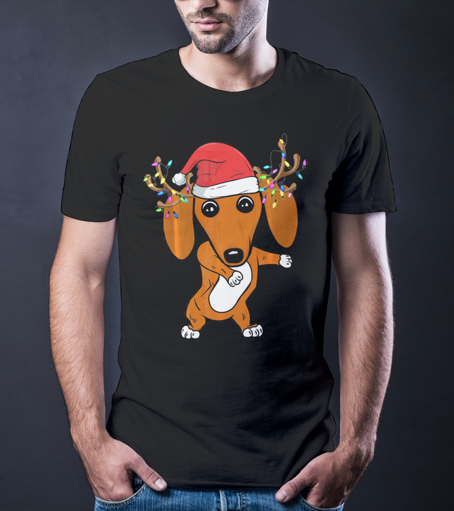 Dabbing Dachshund With Santa Hat And Reindeer Antlers T-Shirt