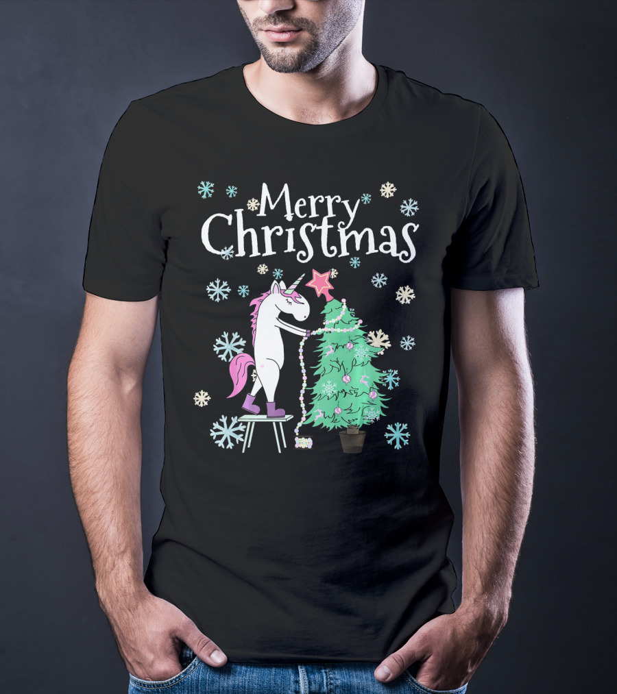 Merry Christmas Funny Unicorn Decorating Christmas Tree T-Shirt