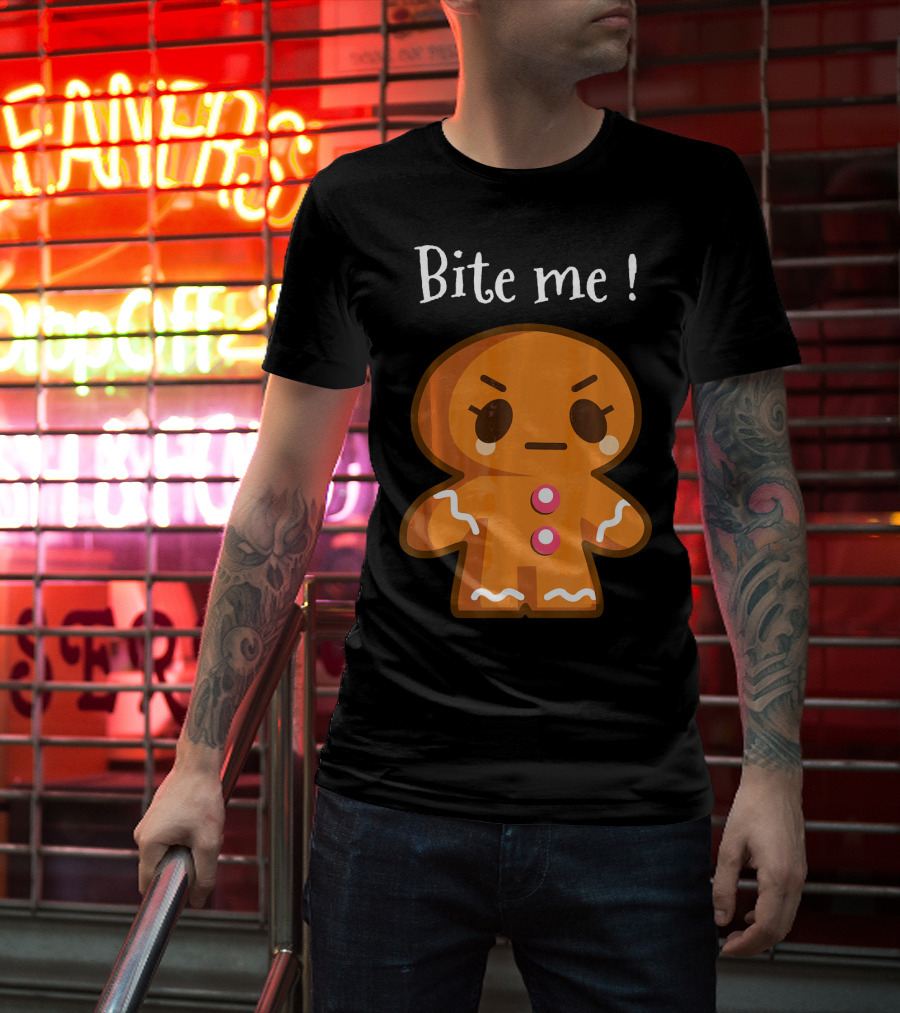 Bite Me Angry Gingerbread Cookie Christmas T-Shirt
