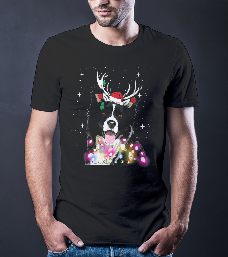 Border Collie In Santa Hat With Reindeer Antlers And Christmas Lights T-Shirt