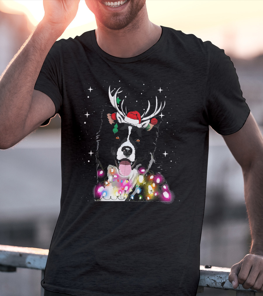 Border Collie In Santa Hat With Reindeer Antlers And Christmas Lights T-Shirt