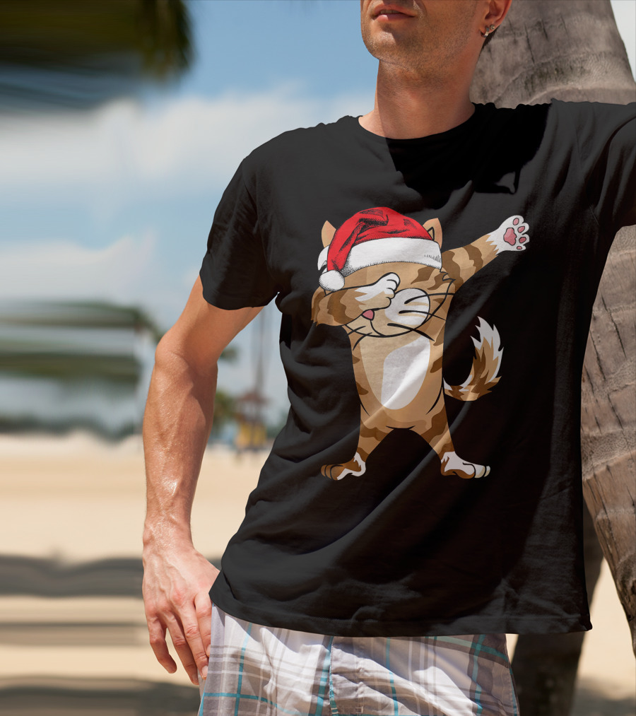 Santa Hat Dabbing Cat Christmas Holiday Fun T-Shirt