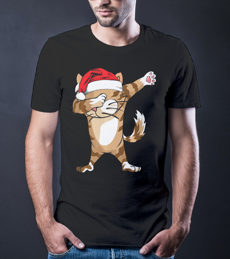 Santa Hat Dabbing Cat Christmas Holiday Fun T-Shirt