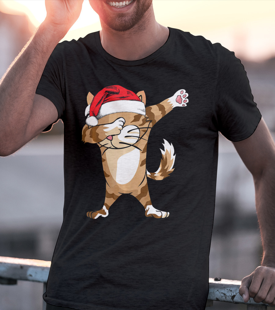 Santa Hat Dabbing Cat Christmas Holiday Fun T-Shirt