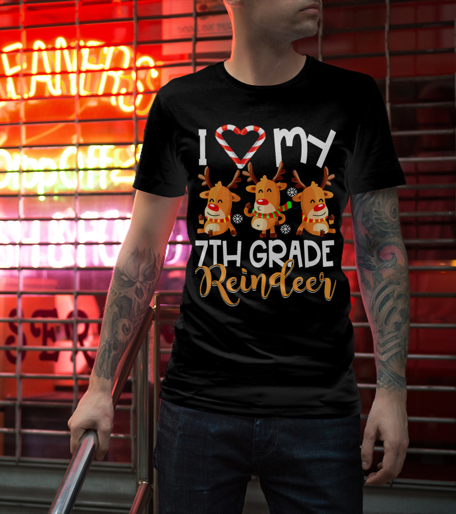 I Love My 7th Grade Reindeer Christmas Candy Cane Snowflakes T-Shirt