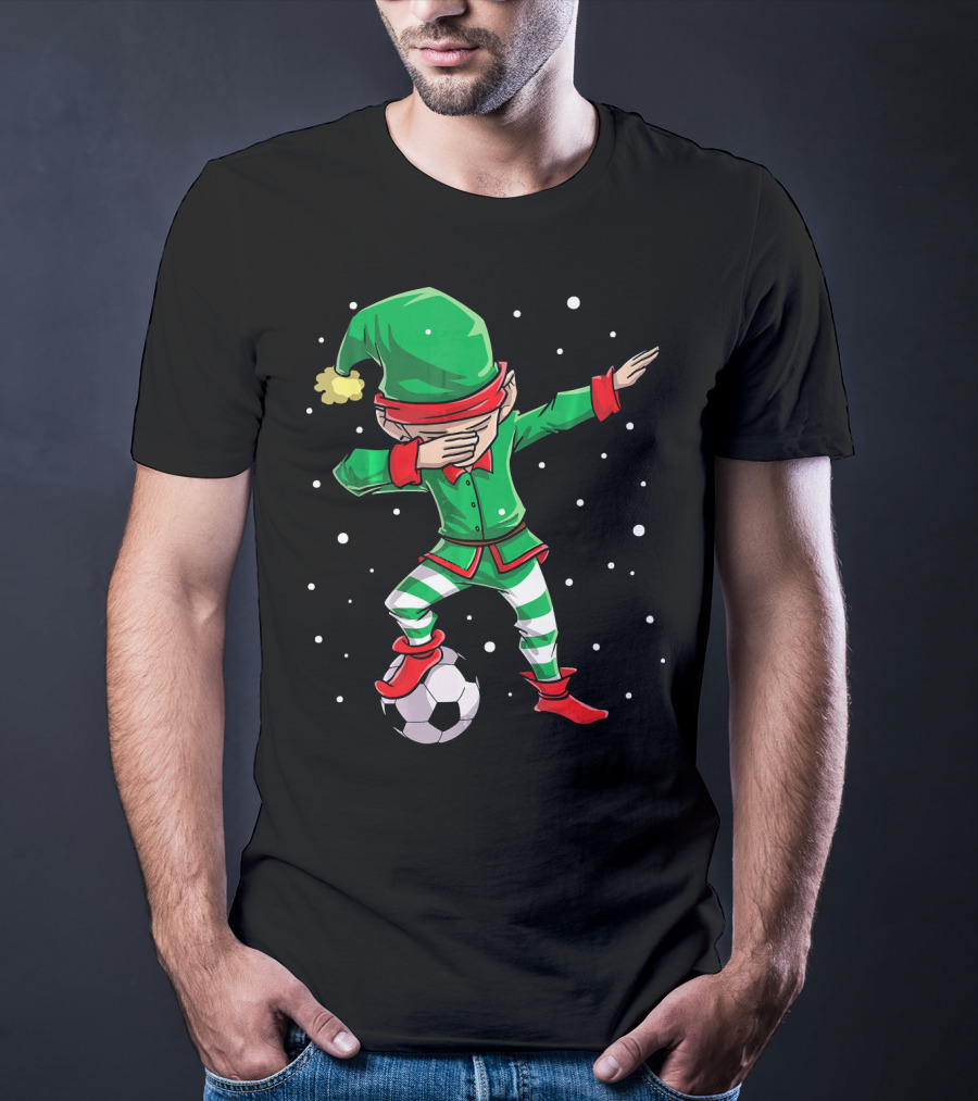 Christmas Soccer Dabbing Elf Kicking Ball In Snowy Scene T-Shirt