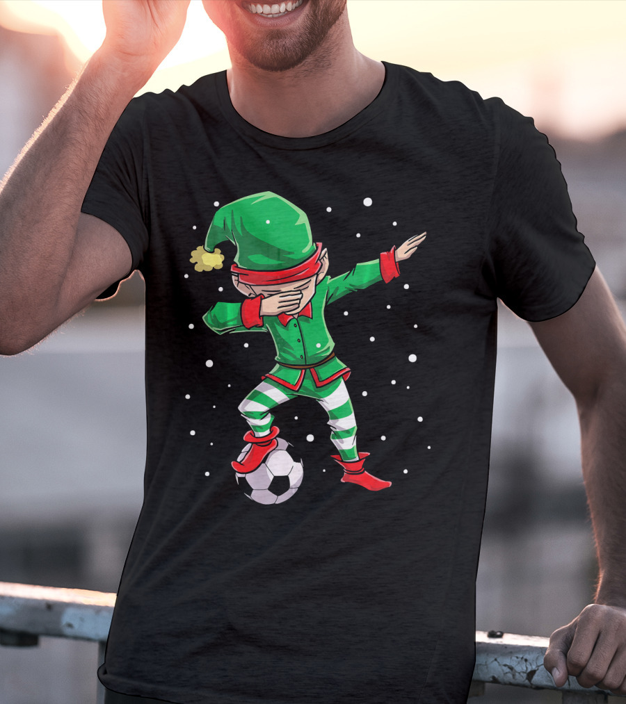 Christmas Soccer Dabbing Elf Kicking Ball In Snowy Scene T-Shirt