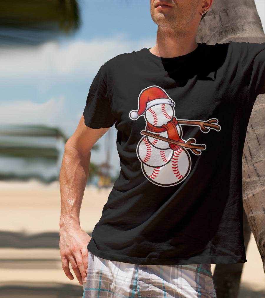 Santa Hat Snowman Made Of Baseballs Flossing T-Shirt