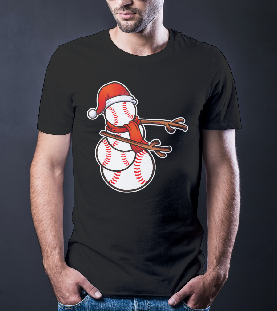 Santa Hat Snowman Made Of Baseballs Flossing T-Shirt
