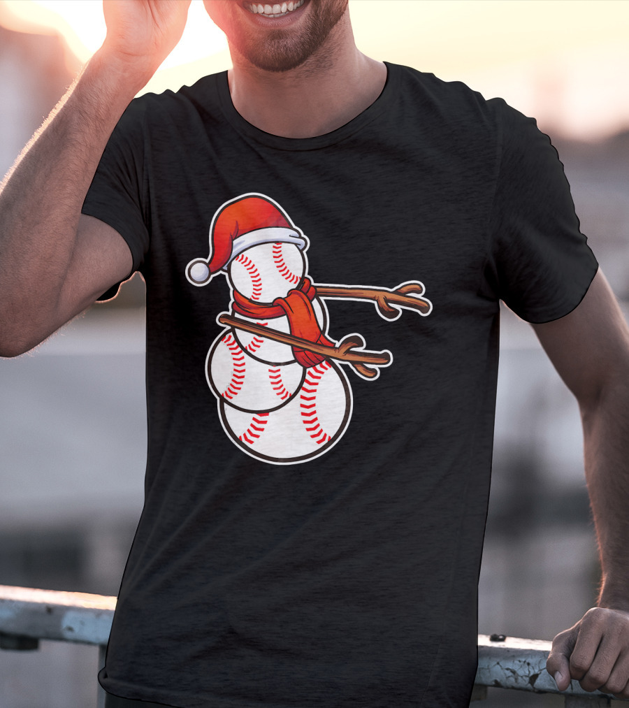 Santa Hat Snowman Made Of Baseballs Flossing T-Shirt