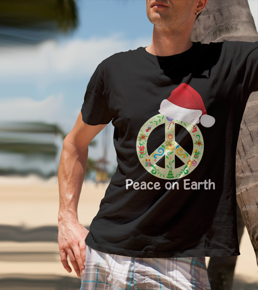 Peace On Earth Santa Hat Christmas Peace Sign T-Shirt