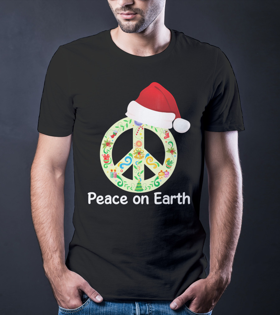 Peace On Earth Santa Hat Christmas Peace Sign T-Shirt