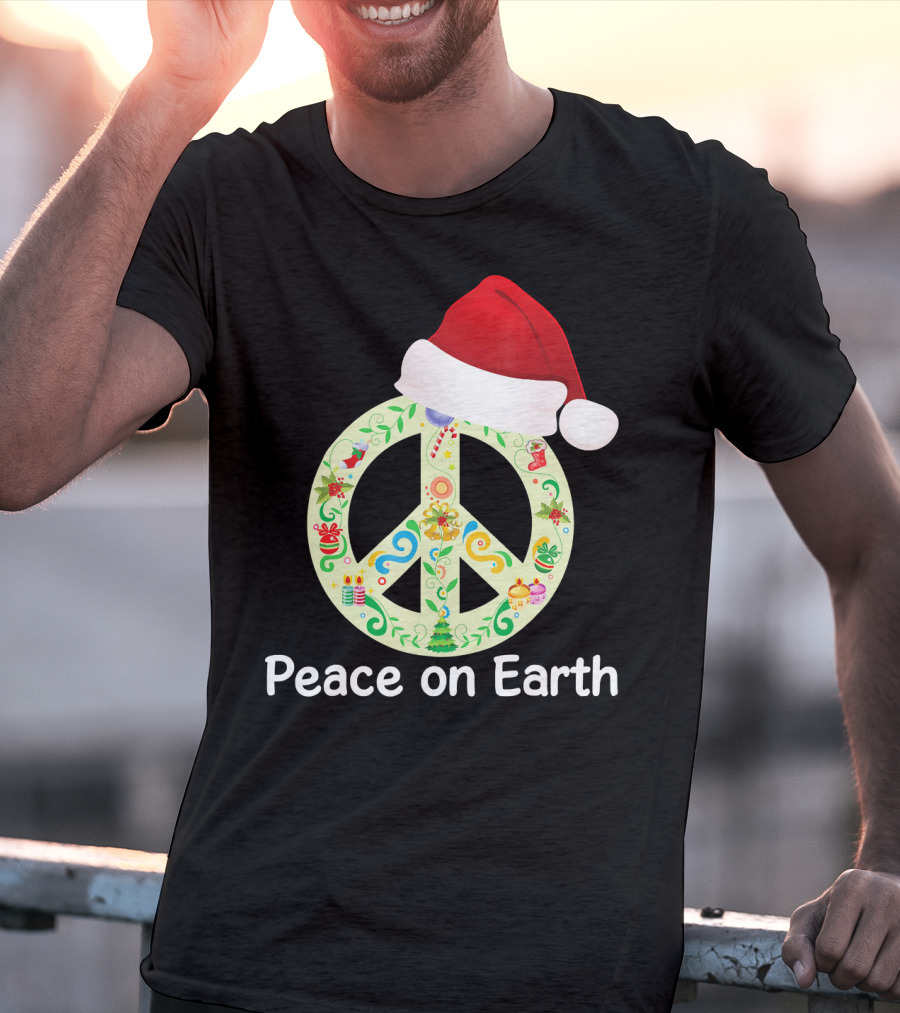 Peace On Earth Santa Hat Christmas Peace Sign T-Shirt