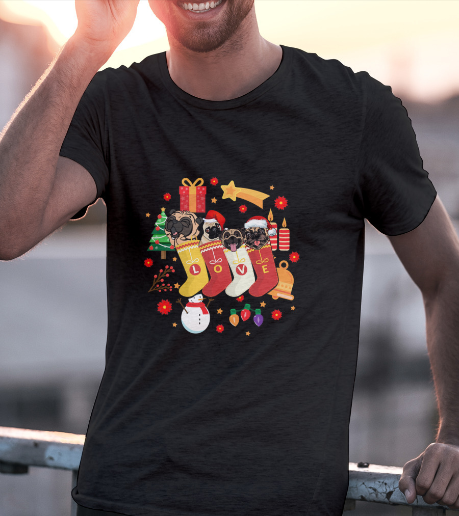 Funny Pugs Dog In Sock Love Christmas Stockings Holiday T-Shirt